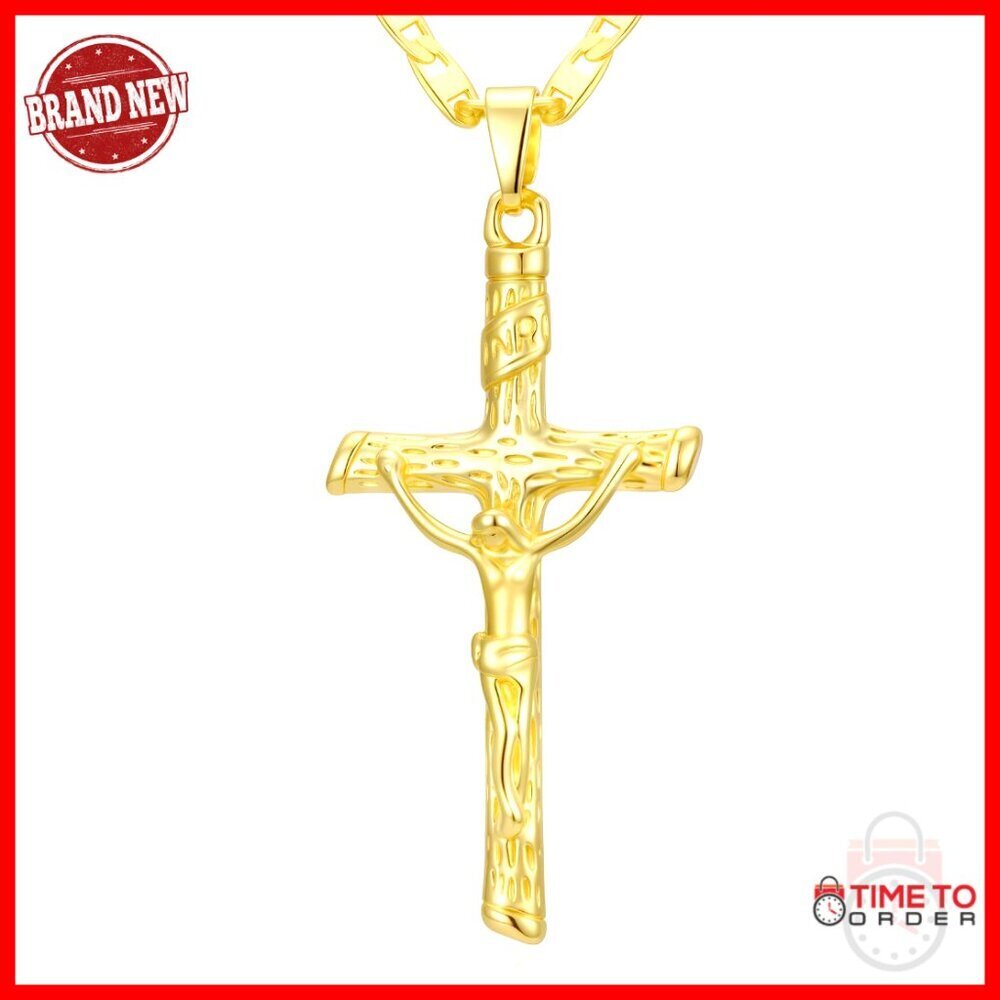 14K Gold Crucifix Necklace 18 Inch Chain Religious Pendant for Men Women